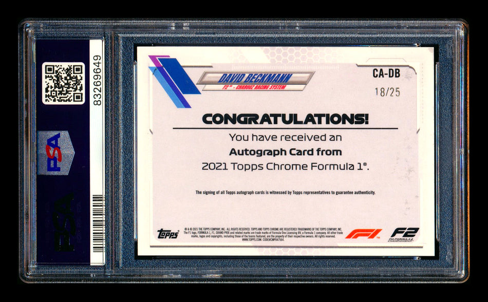 2021 Topps Chrome F1 #CA-DB David Beckmann RC Orange Refractor Autograph #18/25 PSA 10 DNA 10