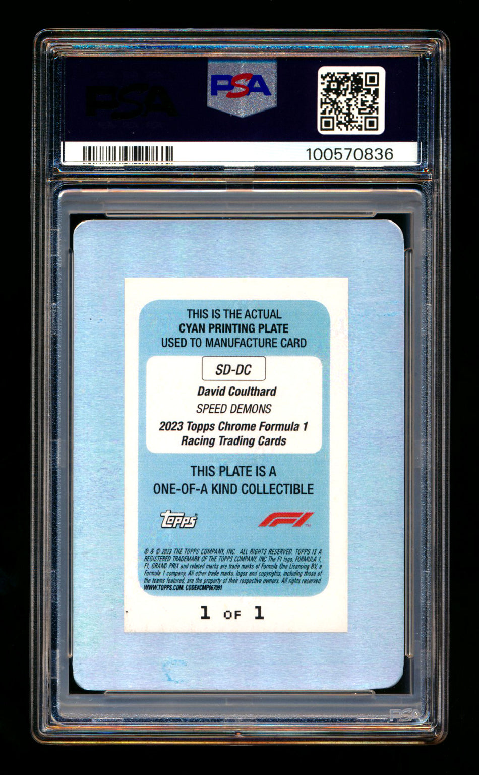 2023 Topps Chrome F1 Speed Demons #SD-DC David Coulthard 1ST Year Cyan Printing Plate #1/1 PSA Authentic - POP 1! ** (SOLD eBay - $79.00 - 5/2/2025) **