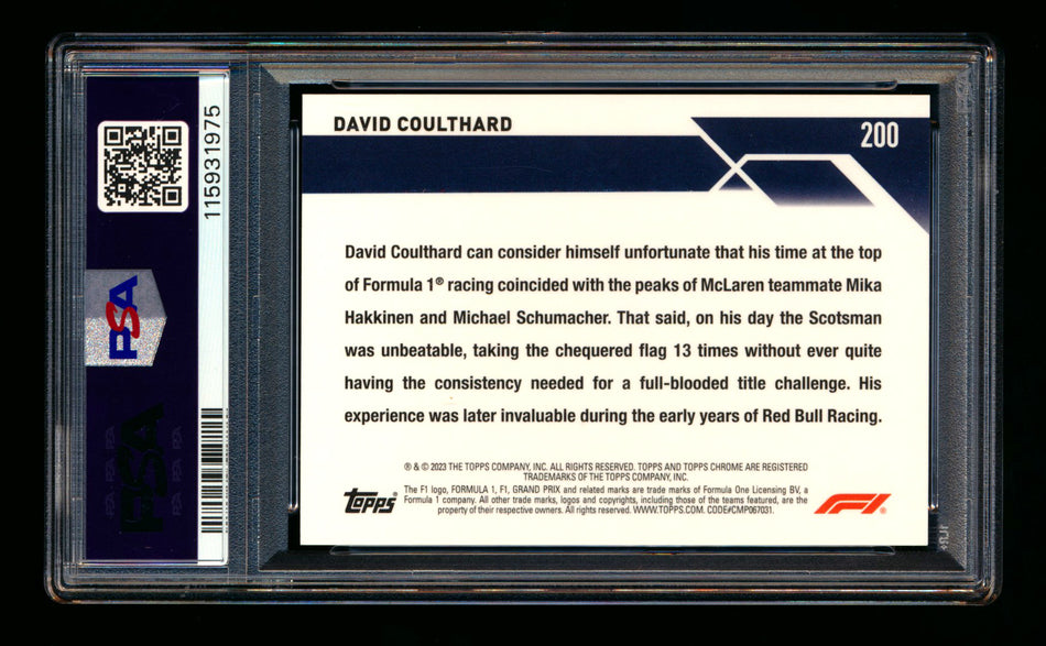 2023 Topps Chrome F1 #200 David Coulthard 1ST Year Red Refractor #5/5 PSA 9 (Last #!)