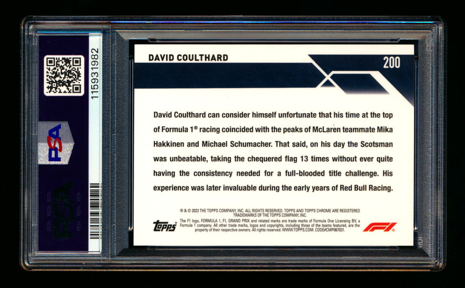 2023 Topps Chrome Sapphire F1 #200 David Coulthard 1ST Year Red Refractor #2/5 PSA 9