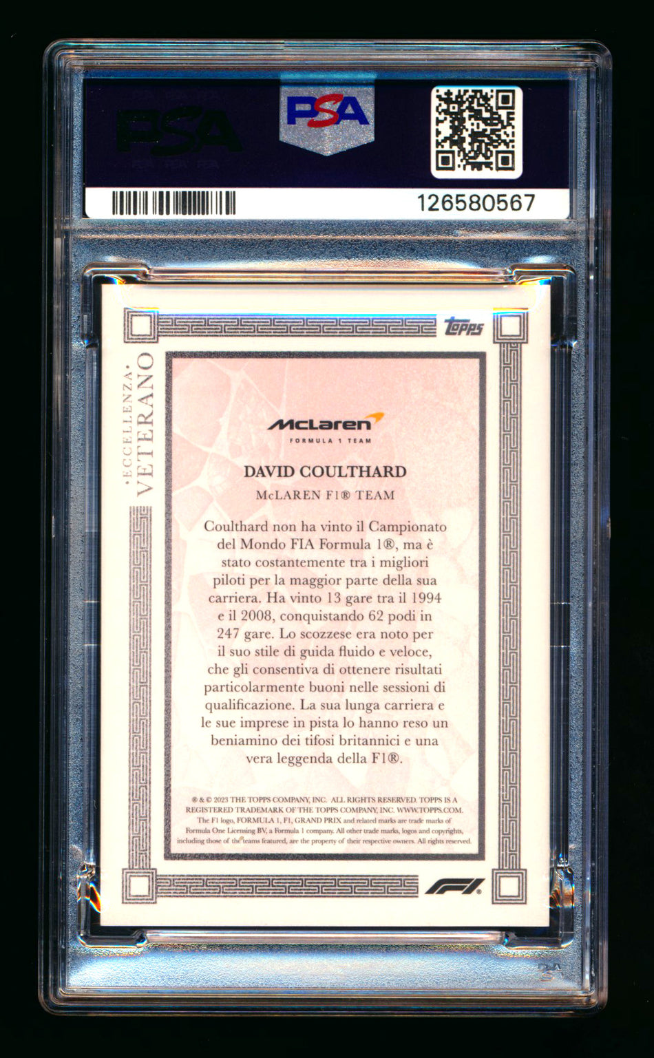 2023 Topps Eccellenza F1 Veterano David Coulthard 1ST Year Red Parallel Autograph #09/10 PSA 10  ** (SOLD - $495.00 - 2/13/2026) **