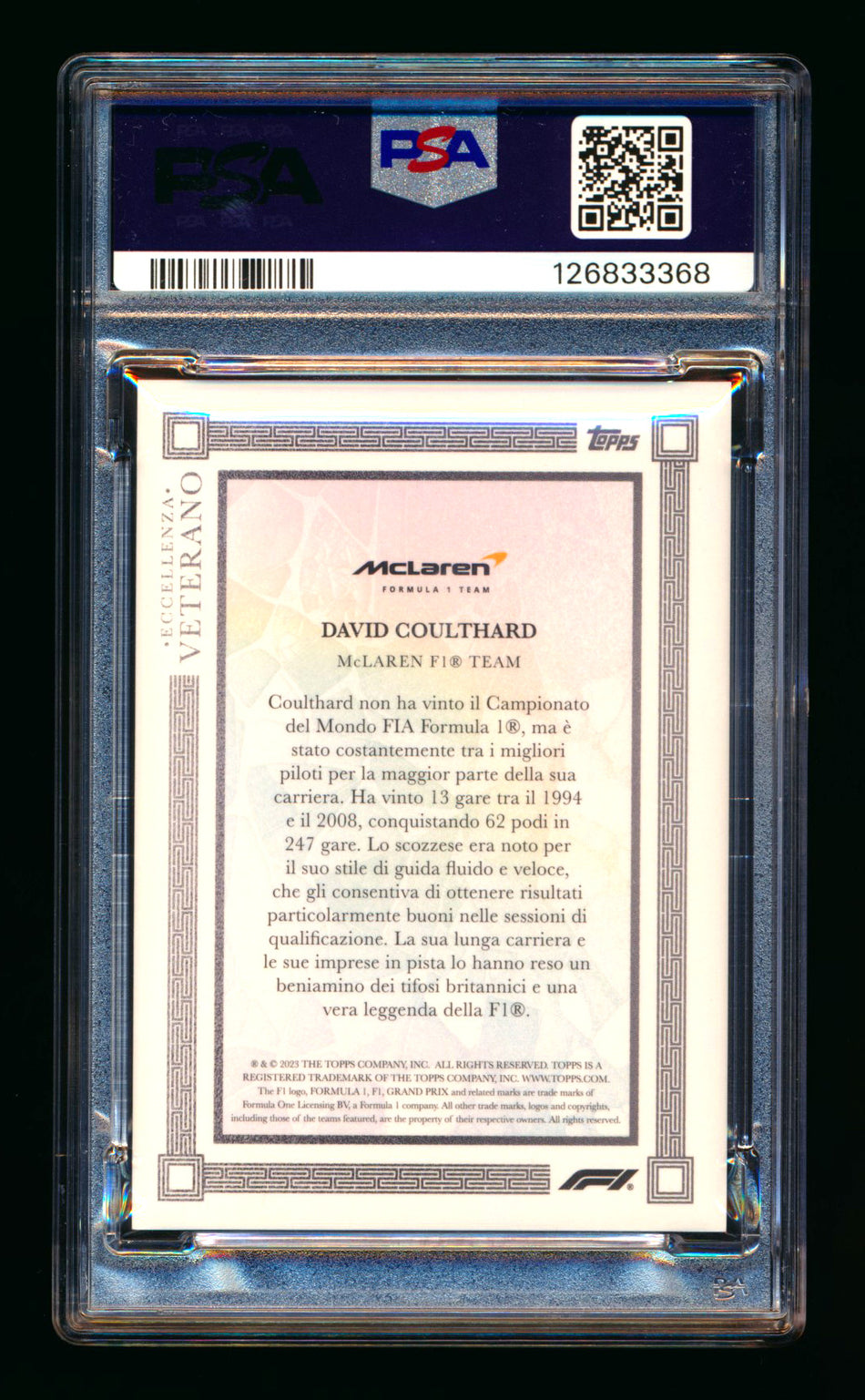 2023 Topps Eccellenza F1 Veterano David Coulthard 1ST Year Gradient Parallel #2/5 PSA 9 (Car Number #2)