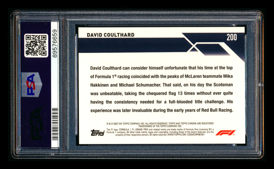 2023 Topps Chrome Sapphire F1 #200 David Coulthard 1ST Year Black & White Refractor #07/15 PSA 10 ** (SOLD eBay - $79.00 - 7/1/2026) **