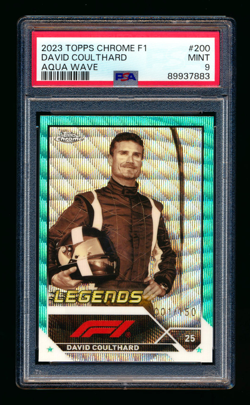 2023 Topps Chrome F1 #200 David Coulthard 1ST Year Aqua Wave Refractor #001/150 PSA 9