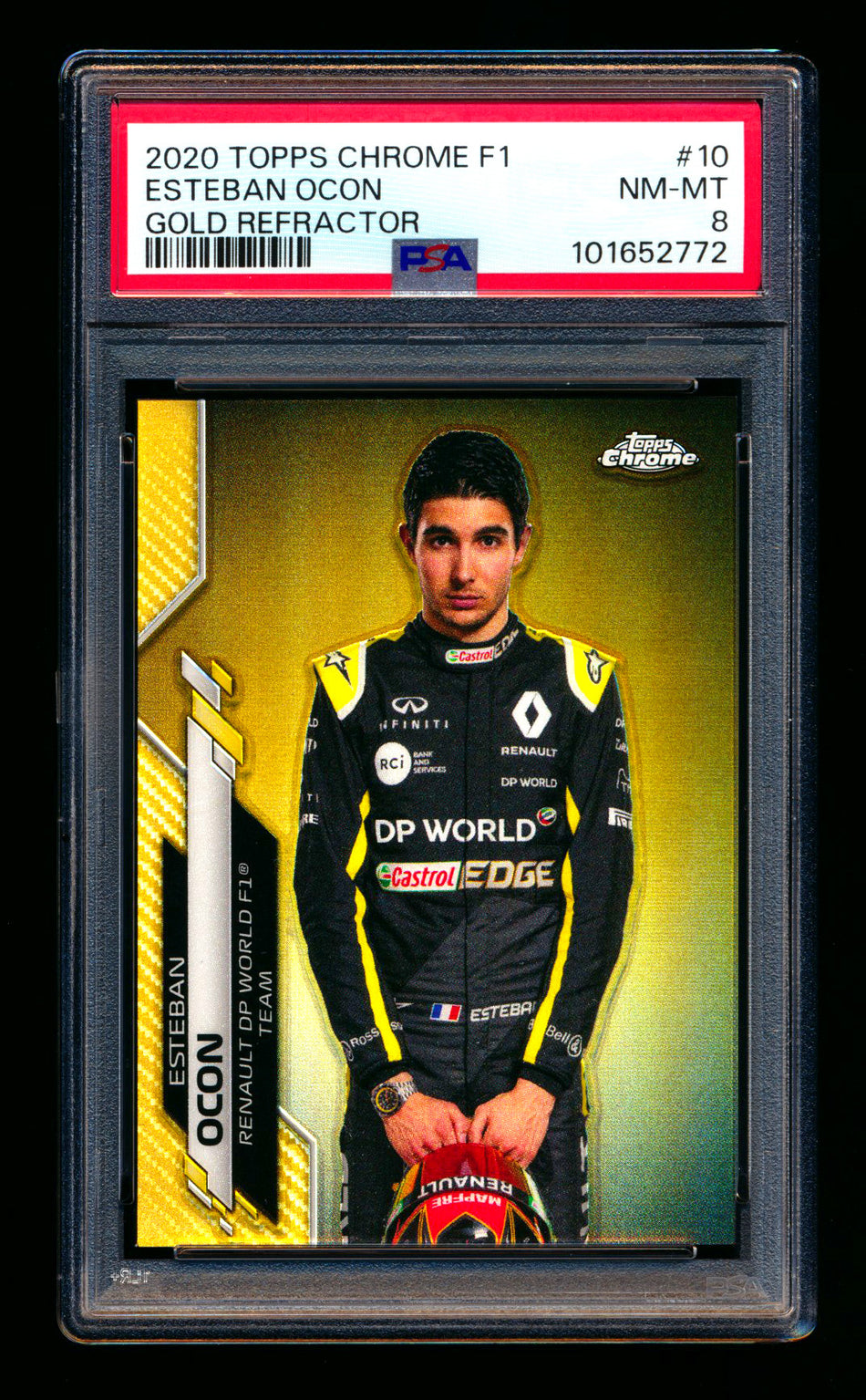 2020 Topps Chrome F1 #10 Esteban Ocon RC Gold Refractor Portrait #46/50 PSA 8