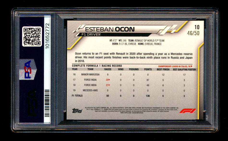 2020 Topps Chrome F1 #10 Esteban Ocon RC Gold Refractor Portrait #46/50 PSA 8