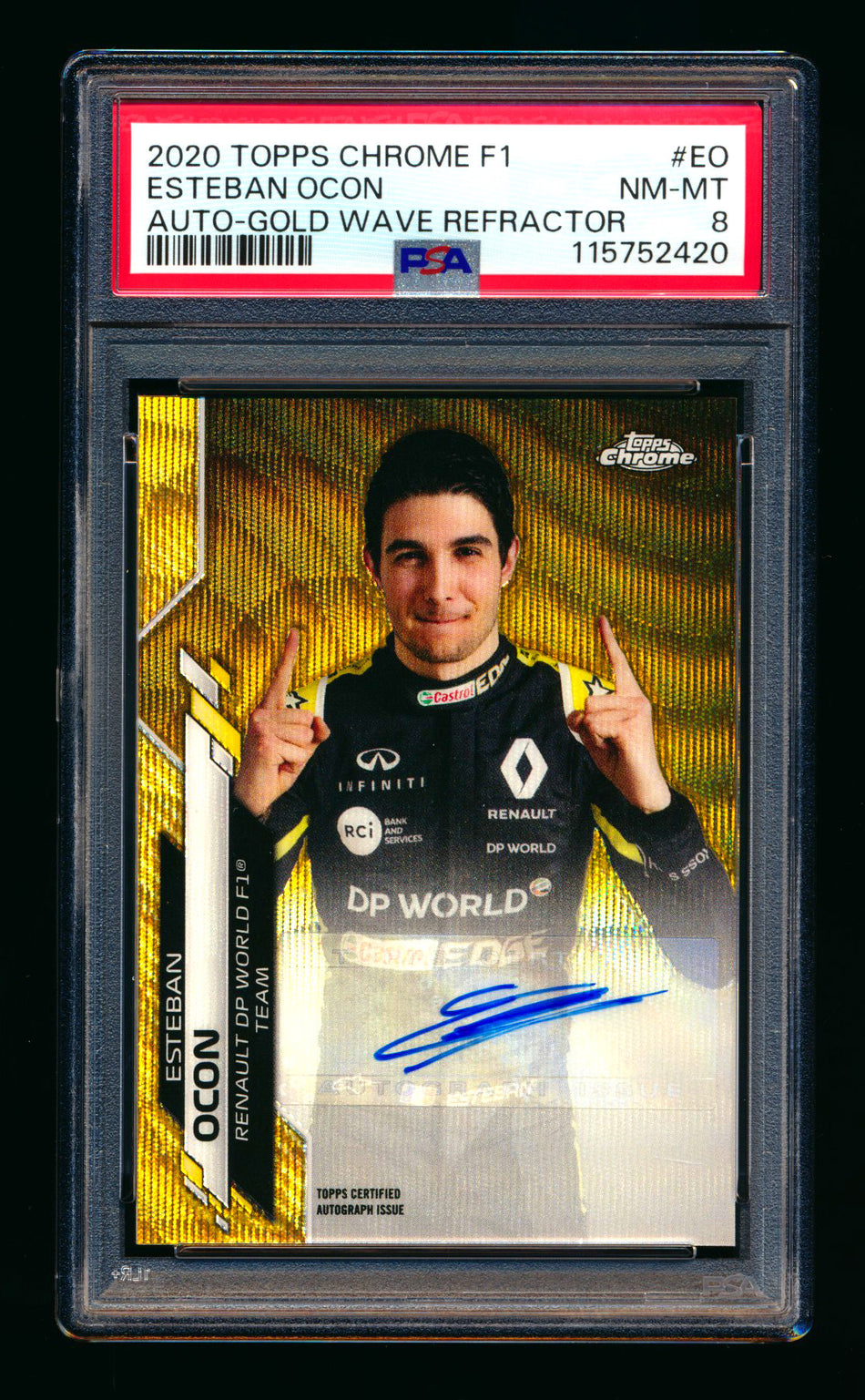2020 Topps Chrome F1 #F1A-EO Esteban Ocon RC Gold Wave Refractor Autograph #43/50 PSA 8