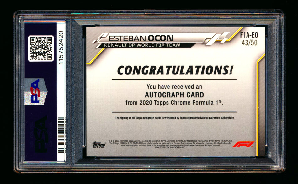 2020 Topps Chrome F1 #F1A-EO Esteban Ocon RC Gold Wave Refractor Autograph #43/50 PSA 8