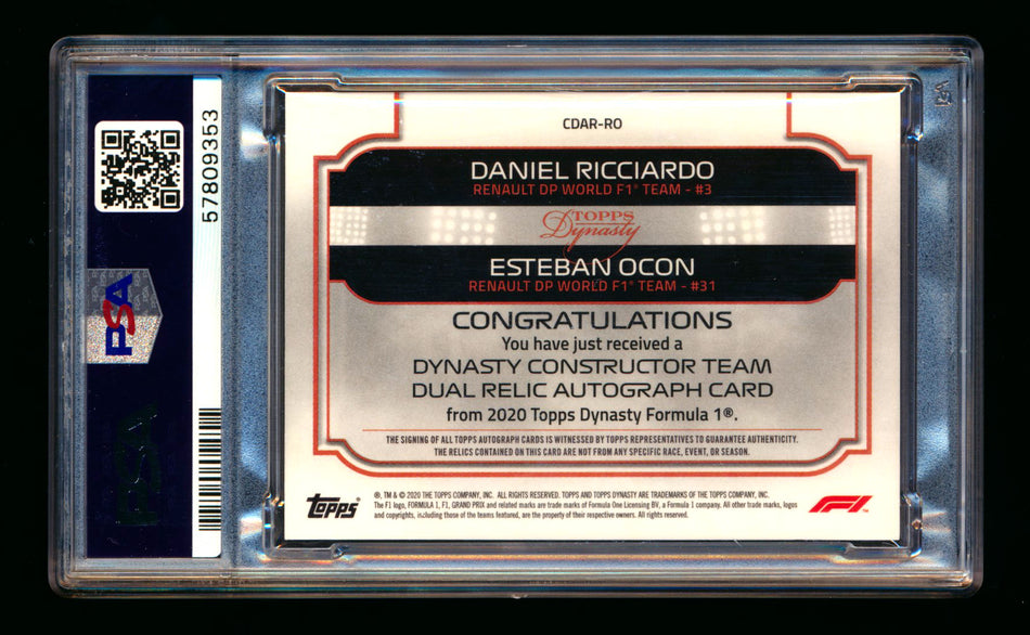 2020 Topps Dynasty F1 #CDAR-RO Daniel Ricciardo/Esteban Ocon RC ROOKIE Constructor Red Dual Patch Autograph #1/5 PSA 10 Gem Mint (First #!)