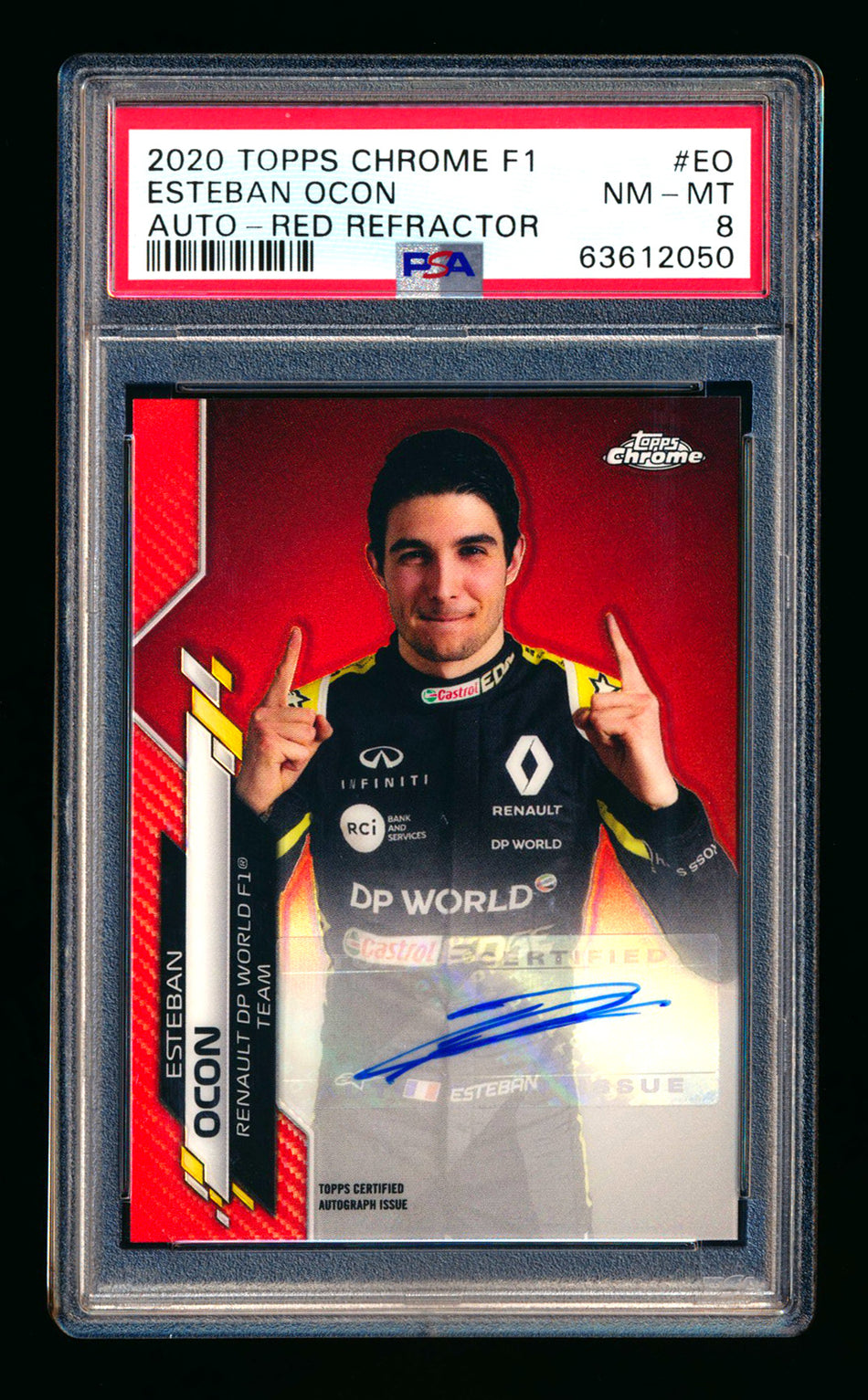 2020 Topps Chrome F1 #F1A-EO Esteban Ocon RC Red Refractor Autograph #2/5 PSA 8