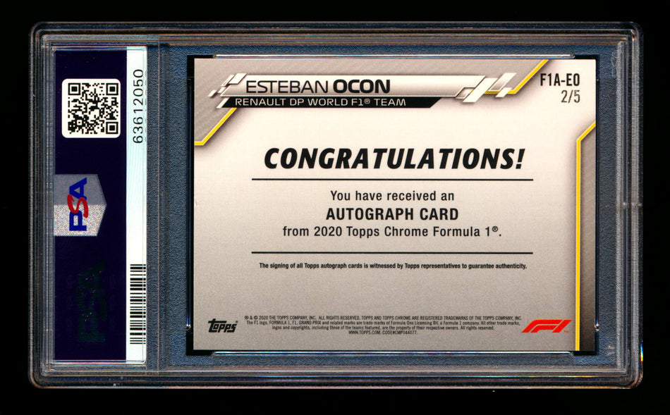 2020 Topps Chrome F1 #F1A-EO Esteban Ocon RC Red Refractor Autograph #2/5 PSA 8