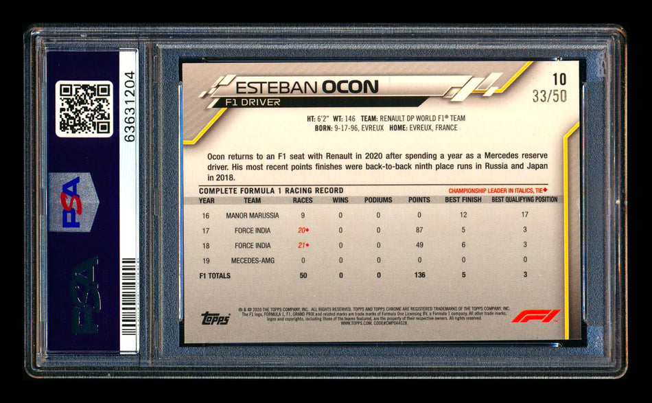 2020 Topps Chrome F1 #10 Esteban Ocon RC Gold Refractor Portrait #33/50 PSA 9
