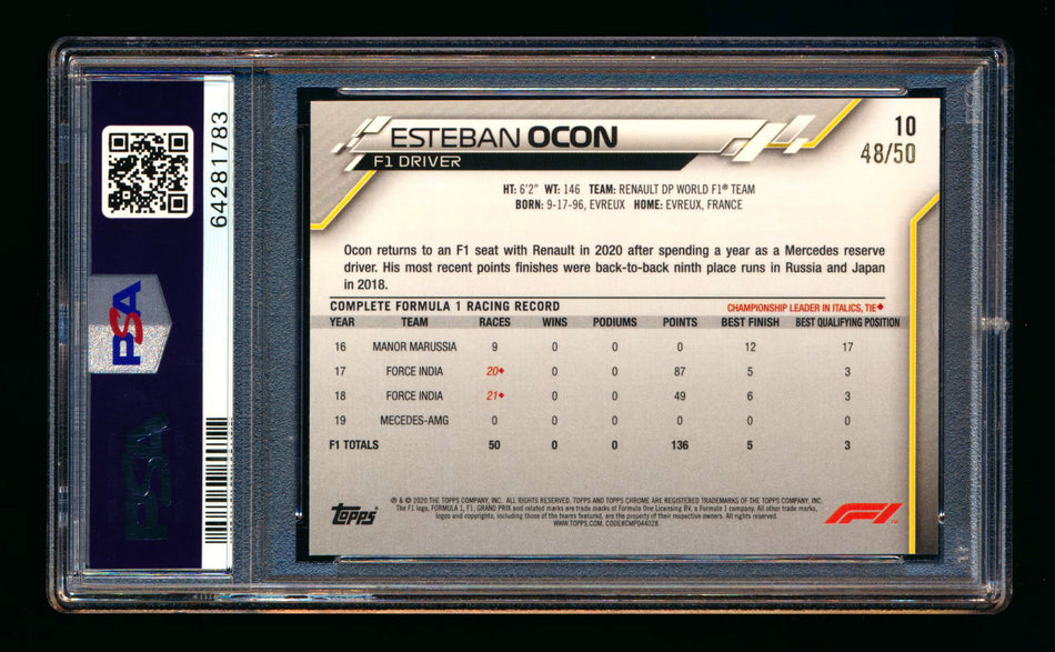 2020 Topps Chrome F1 #10 Esteban Ocon RC Gold Wave Refractor Portrait #48/50 PSA 10 ** (SOLD - $1,195.00 - 10/23/2024) **