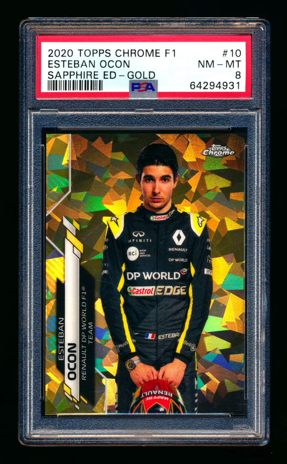 2020 Topps Chrome Sapphire F1 #10 Esteban Ocon RC Gold Refractor Portrait #11/50 PSA 8