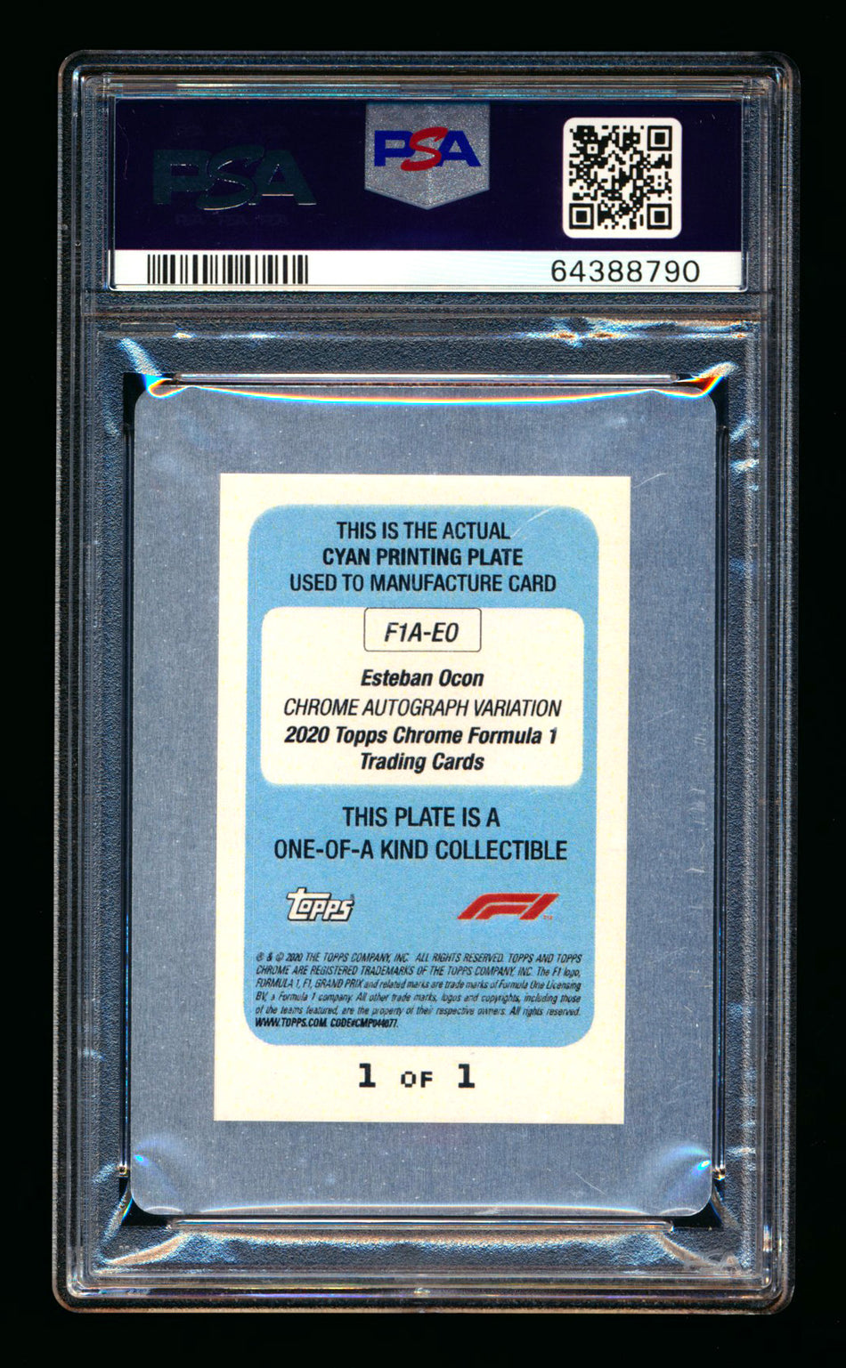 2020 Topps Chrome F1 #F1A-EO Esteban Ocon RC Cyan Printing Plate Autograph #1/1 PSA Authentic DNA 10
