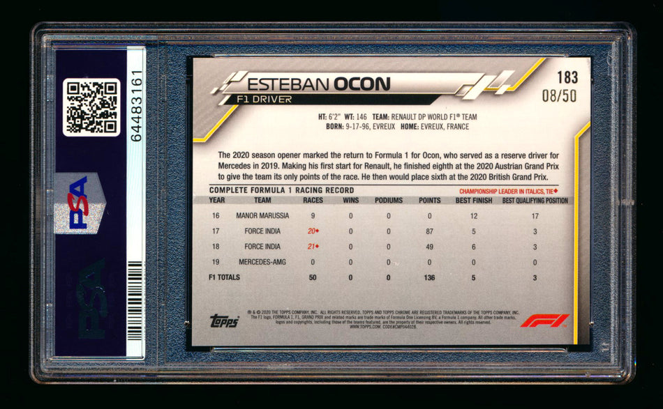 2020 Topps Chrome F1 #183 Esteban Ocon RC Gold Refractor #08/50 PSA 9