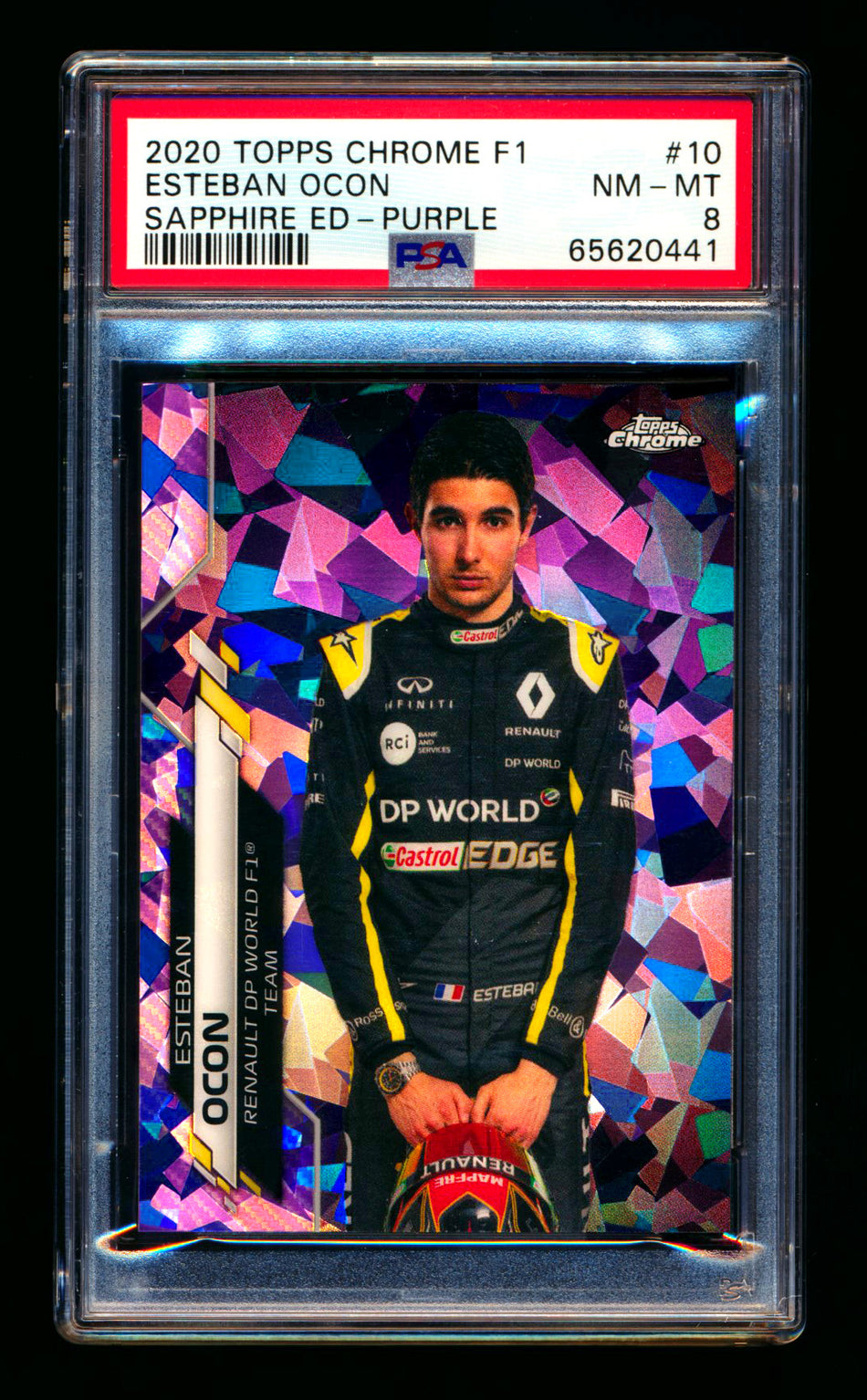 2020 Topps Chrome Sapphire F1 #10 Esteban Ocon RC Purple Refractor Portrait #05/10 PSA 8