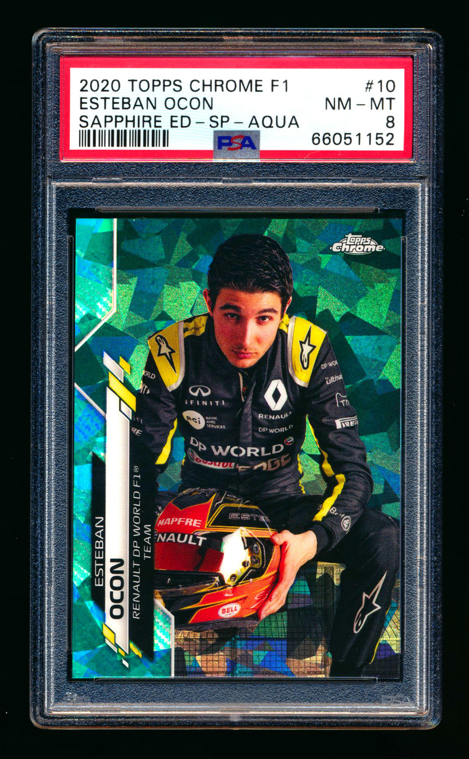 2020 Topps Chrome Sapphire F1 #10 Esteban Ocon RC Aqua Refractor Image Variation SP #15/99 PSA 8