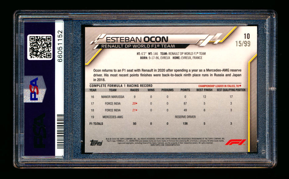 2020 Topps Chrome Sapphire F1 #10 Esteban Ocon RC Aqua Refractor Image Variation SP #15/99 PSA 8