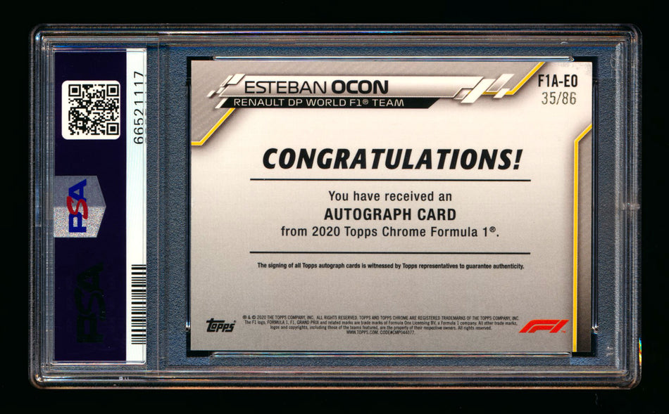 2020 Topps Chrome F1 #F1A-EO Esteban Ocon RC Refractor Autograph #35/86 PSA 8 ** (SOLD - $269.00 - 10/23/2024) **