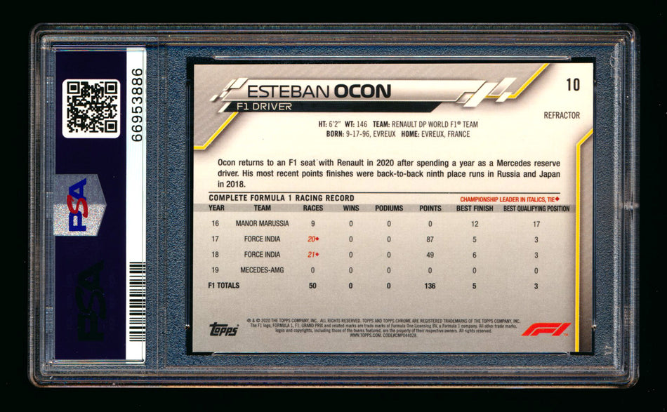 2020 Topps Chrome F1 #10 Esteban Ocon RC Refractor Portrait PSA 10