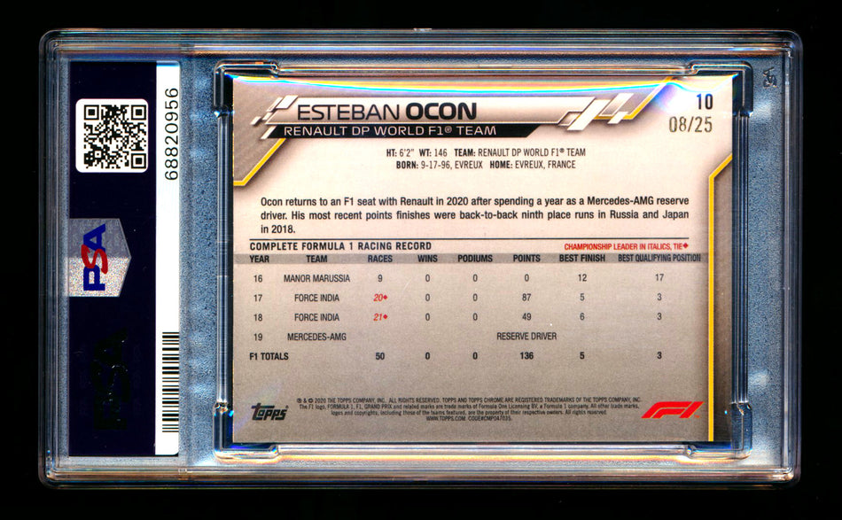 2020 Topps Chrome Sapphire F1 #10 Esteban Ocon RC Orange Refractor Image Variation SP #08/25 PSA 8 ** (SOLD eBay - $299.00 - 8/23/2025) **