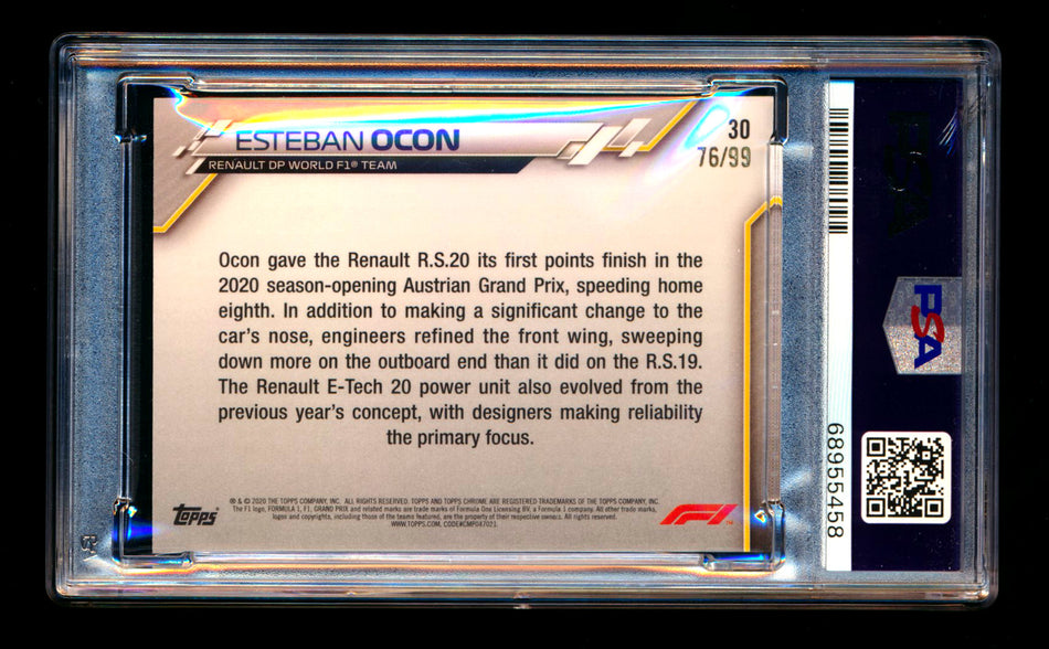 2020 Topps Chrome Sapphire F1 #30 Esteban Ocon RC Aqua Refractor #76/99 PSA 9