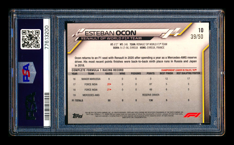 2020 Topps Chrome Sapphire F1 #10 Esteban Ocon RC Gold Refractor Image Variation SP #39/50 PSA 8