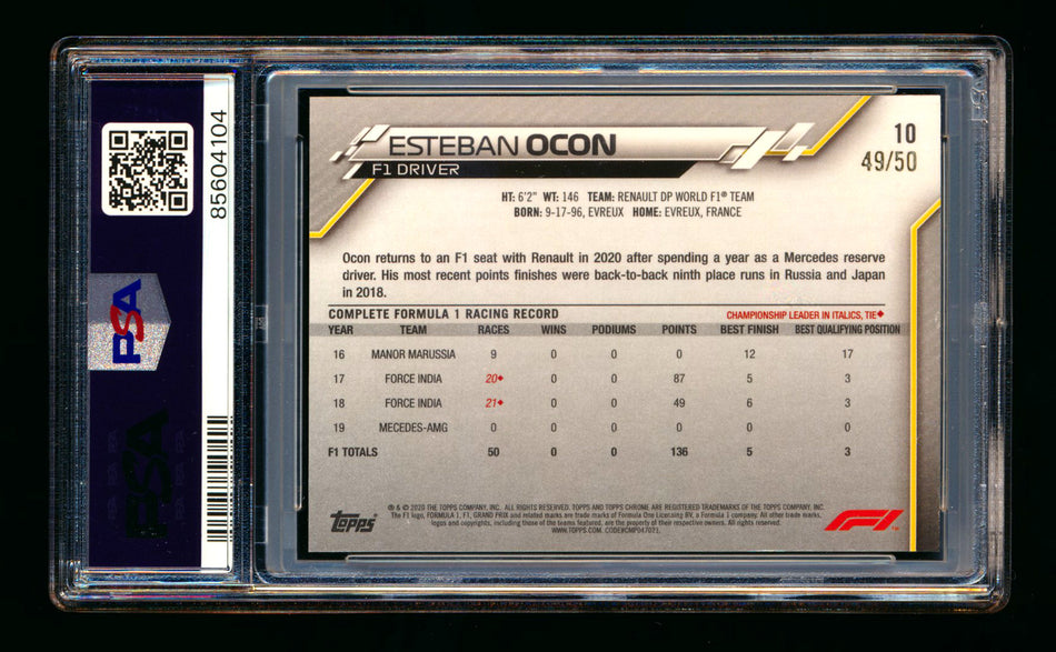2020 Topps Chrome Sapphire F1 #10 Esteban Ocon RC Gold Refractor Portrait #49/50 PSA 8 ** (SOLD eBay - $119.00 - 8/25/2025) **