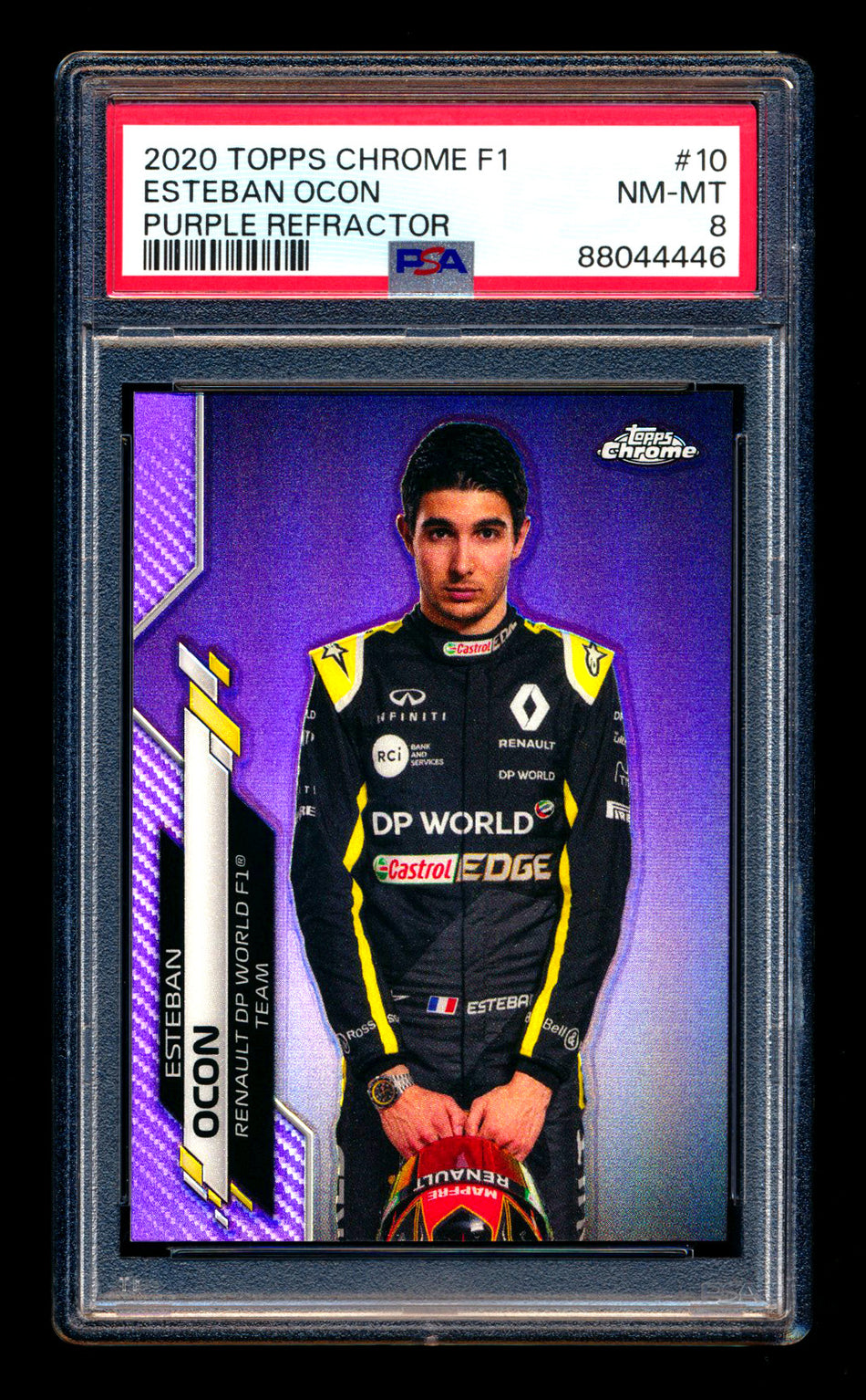 2020 Topps Chrome F1 #10 Esteban Ocon RC Purple Refractor Portrait #222/399 PSA 8