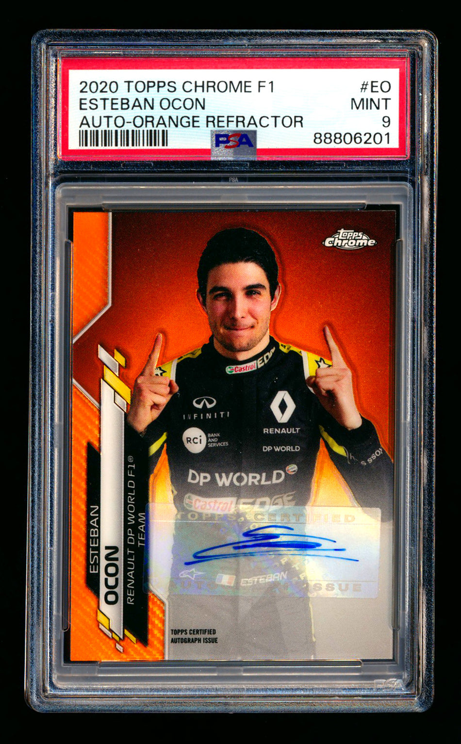 2020 Topps Chrome F1 #F1A-EO Esteban Ocon RC Orange Refractor Autograph #25/25 PSA 9 (Last Number!)