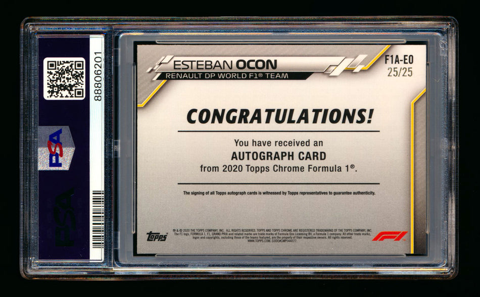 2020 Topps Chrome F1 #F1A-EO Esteban Ocon RC Orange Refractor Autograph #25/25 PSA 9 (Last Number!)