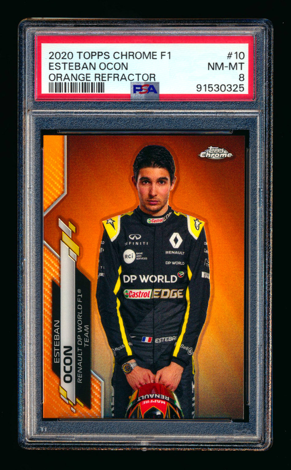 2020 Topps Chrome F1 #10 Esteban Ocon RC Orange Refractor Portrait #14/25 PSA 8