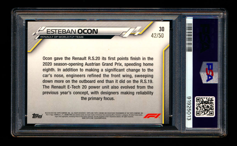 2020 Topps Chrome F1 #30 Esteban Ocon RC Gold Wave Refractor #42/50 PSA 9