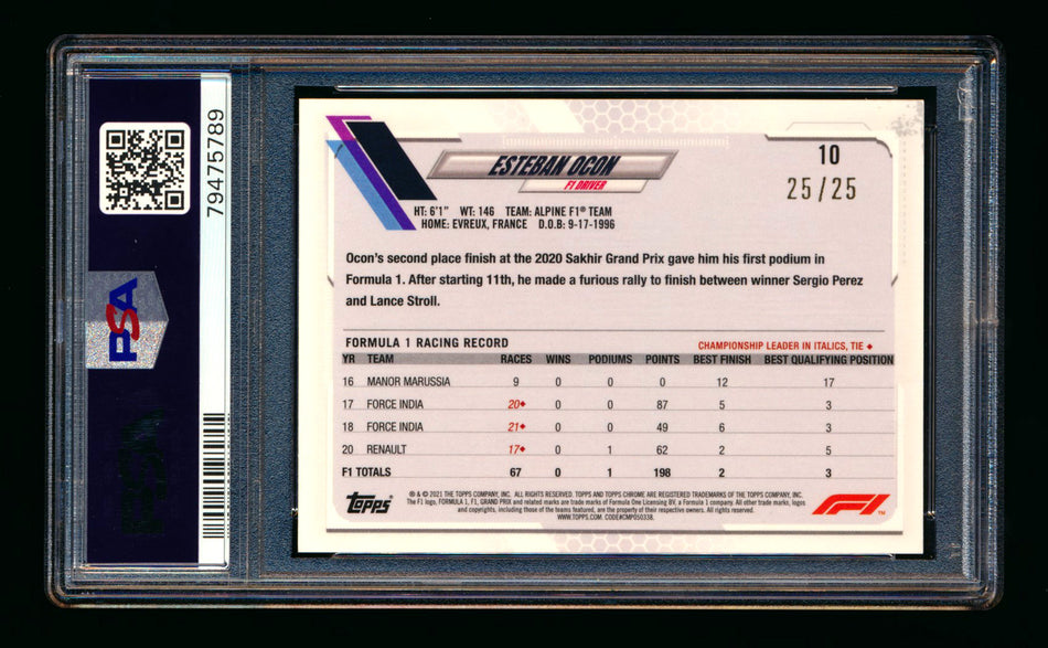 2021 Topps Chrome Sapphire F1 #10 Esteban Ocon Orange Refractor Portrait #25/25 PSA 10 (Last Number!) ** (SOLD - $55.00 - 12/31/2024) **
