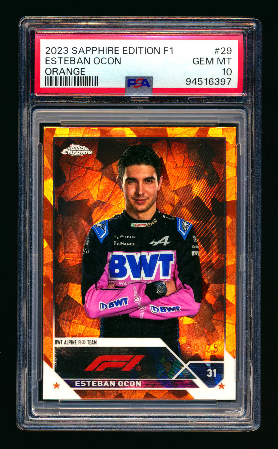 2023 Topps Chrome Sapphire F1 #29 Esteban Ocon Orange Refractor Portrait #20/25 PSA 10