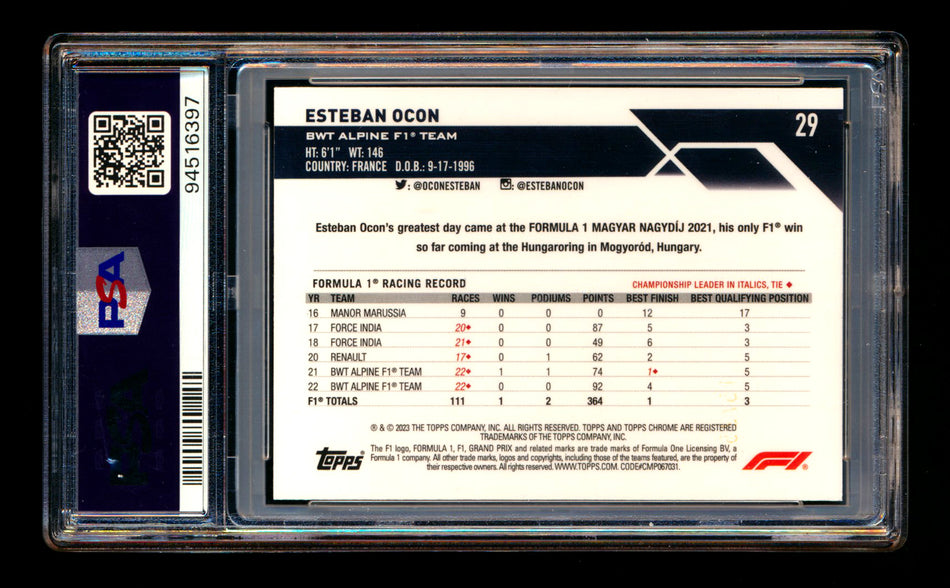 2023 Topps Chrome Sapphire F1 #29 Esteban Ocon Orange Refractor Portrait #20/25 PSA 10