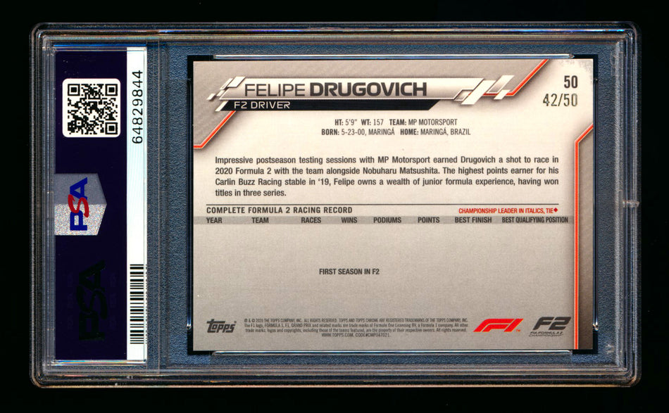 2020 Topps Chrome Sapphire F1 #50 Felipe Drugovich RC Gold Refractor #42/50 PSA 9