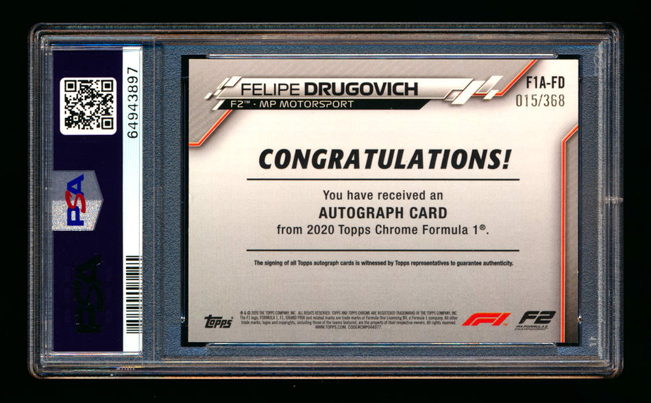 2020 Topps Chrome F1 #F1A-FD Felipe Drugovich RC Refractor Autograph #015/368 PSA 10 - POP 1!