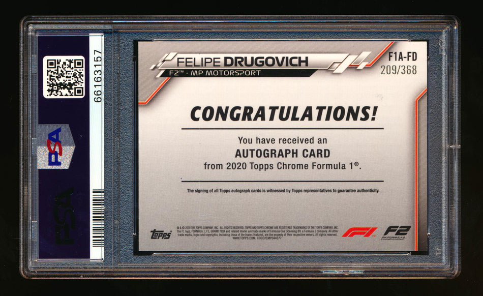 2020 Topps Chrome F1 #F1A-FD Felipe Drugovich RC Refractor Autograph #209/368 PSA 9