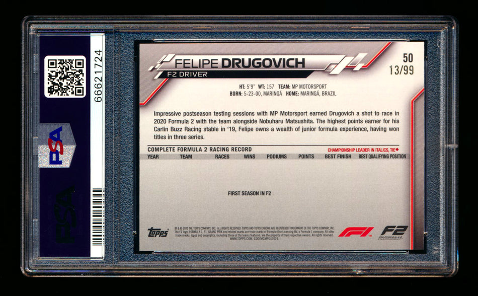 2020 Topps Chrome Sapphire F1 #50 Felipe Drugovich RC Aqua Refractor #13/99 PSA 10