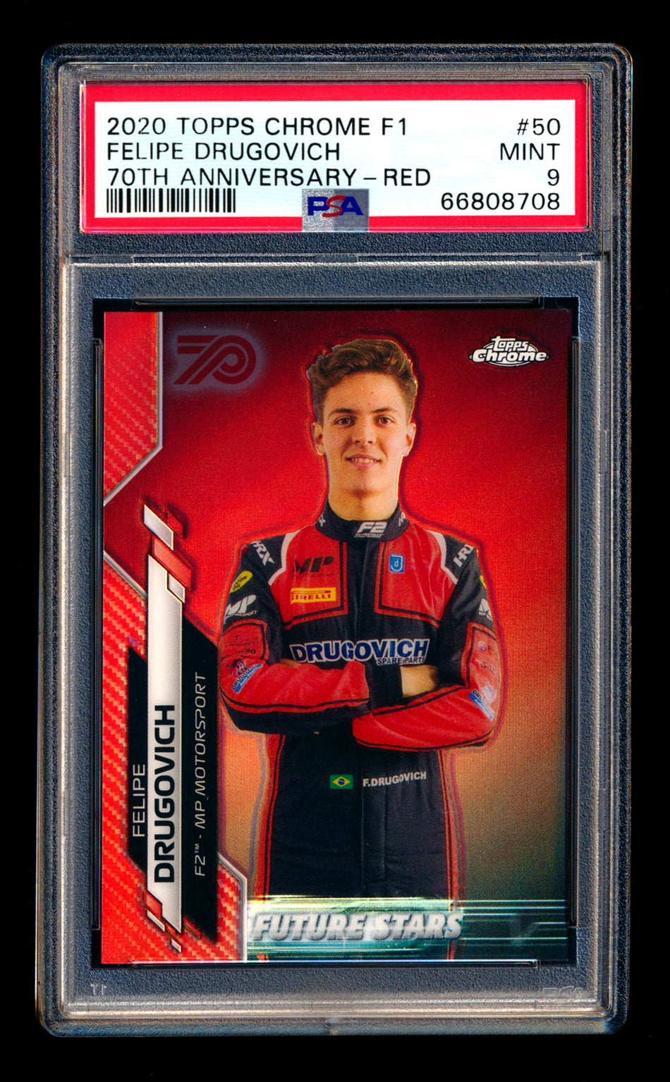 2020 Topps Chrome F1 #50 Felipe Drugovich RC 70th Anniversary Red Refractor PSA 9