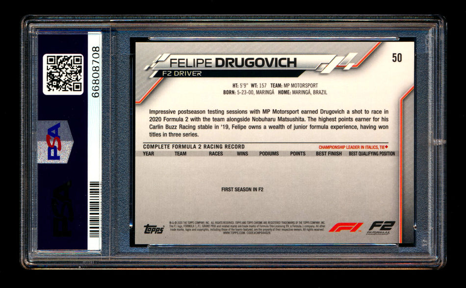 2020 Topps Chrome F1 #50 Felipe Drugovich RC 70th Anniversary Red Refractor PSA 9