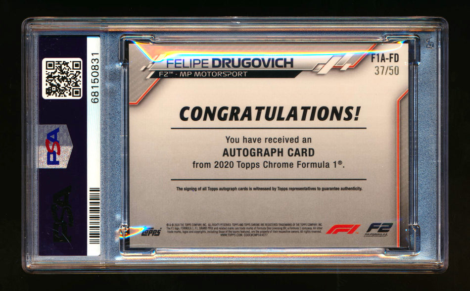 2020 Topps Chrome F1 #F1A-FD Felipe Drugovich RC Gold Refractor Autograph #37/50 PSA 8