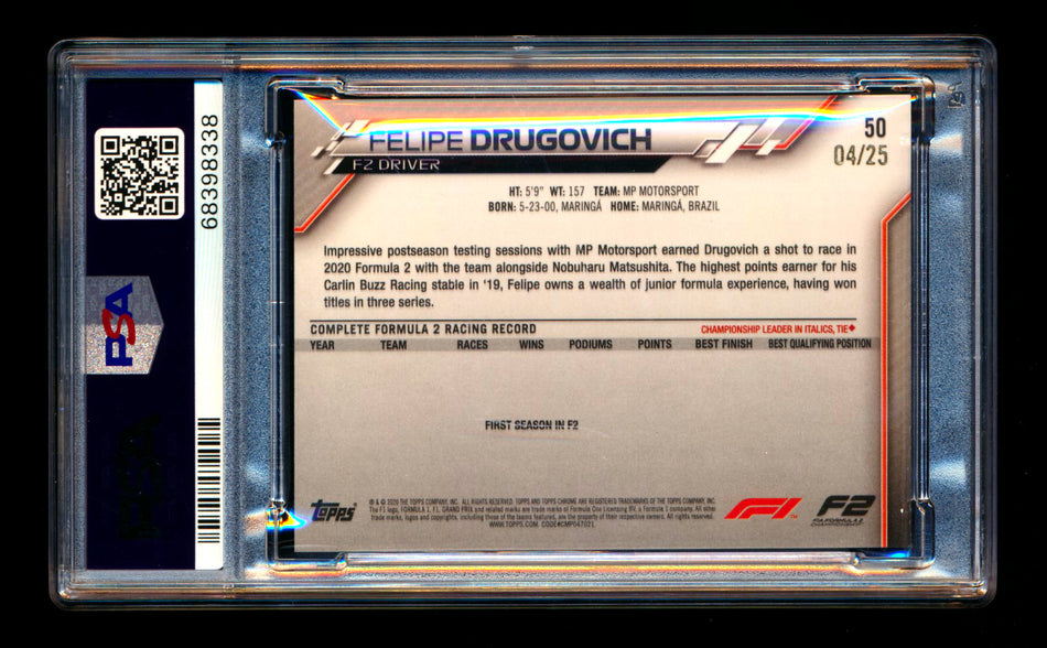 2020 Topps Chrome Sapphire F1 #50 Felipe Drugovich RC Orange Refractor #04/25 PSA 8