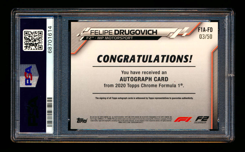 2020 Topps Chrome F1 #F1A-FD Felipe Drugovich RC Gold Refractor Autograph #03/50 PSA 9 DNA 10