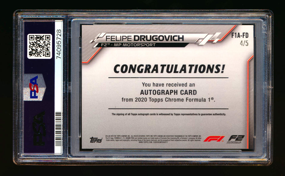 2020 Topps Chrome F1 #F1A-FD Felipe Drugovich RC Red Refractor Autograph #4/5 PSA 8 DNA 10 ** (SOLD - $3,700.00 - 10/15/2025) **