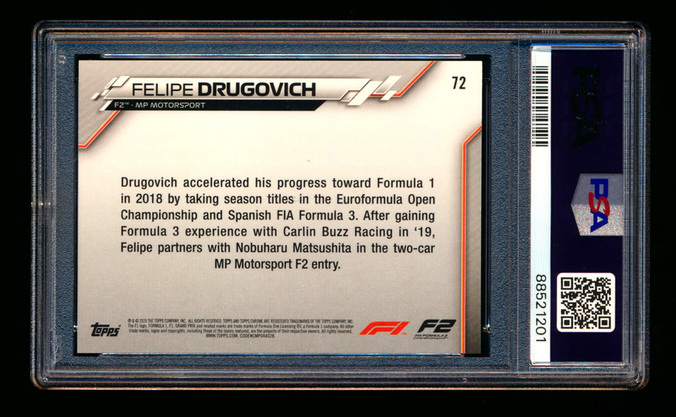 2020 Topps Chrome F1 #72 Felipe Drugovich RC 70th Orange Refractor PSA 8 ** (SOLD - $25.00 - 10/23/2024) **