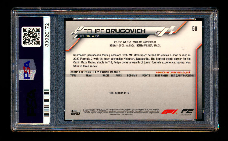 2020 Topps Chrome F1 #50 Felipe Drugovich RC 70th Anniversary Orange Refractor PSA 9 ** (SOLD - $59.00 - 12/19/2024) **