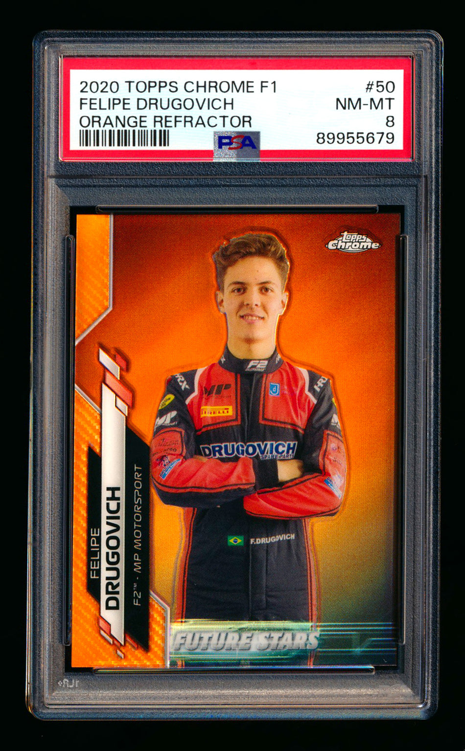 2020 Topps Chrome F1 #50 Felipe Drugovich RC Orange Refractor #19/25 PSA 8